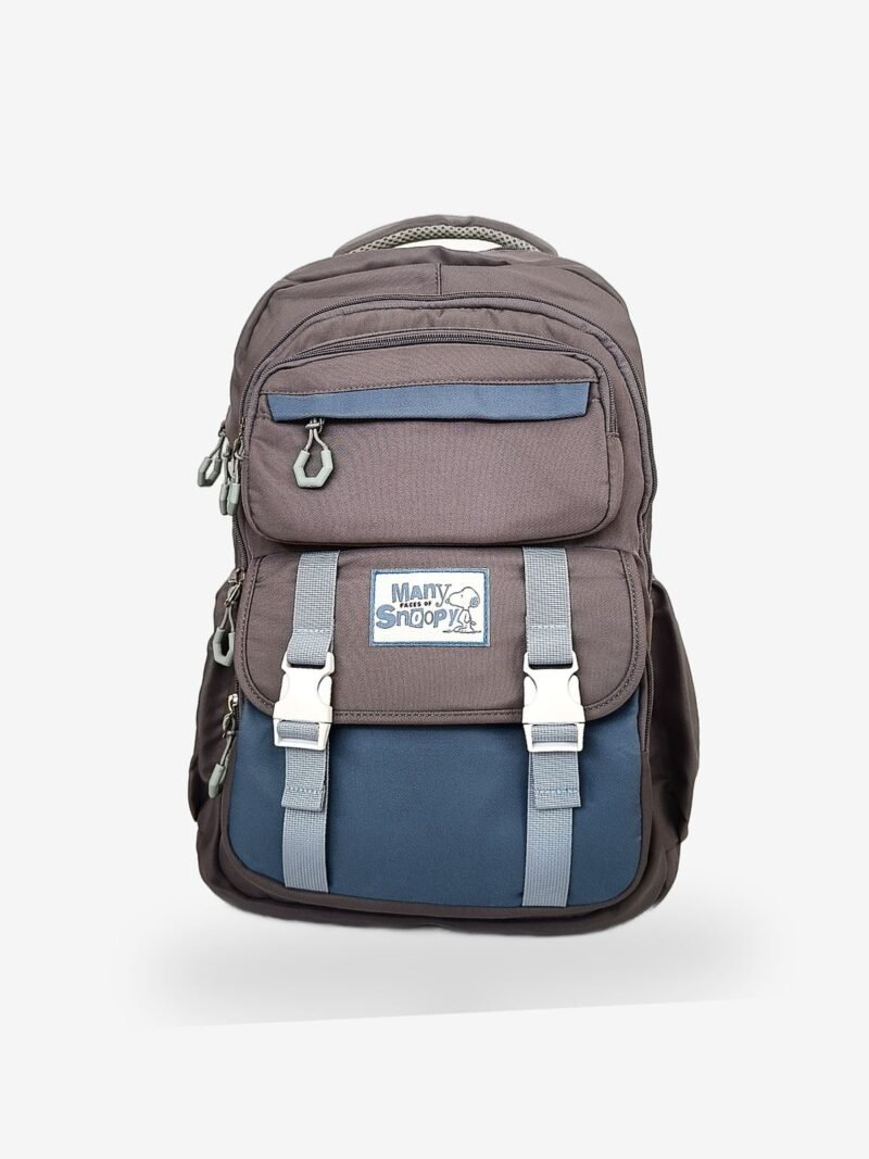 Snoopy Gray1 Fashion gray-blue backpack front view showing 17 x 12 inch dimensions and buckle flap design
