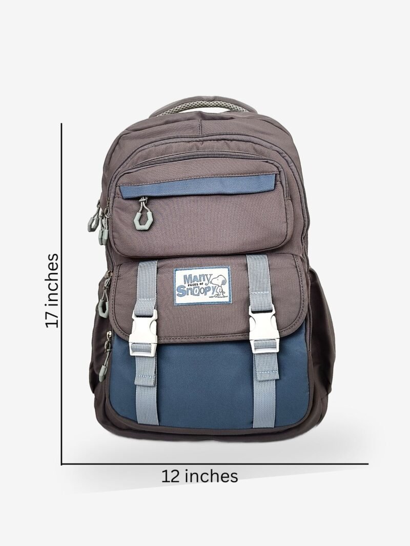 Snoopy Gray1 size Fashion gray-blue backpack front view showing 17 x 12 inch dimensions and buckle flap design