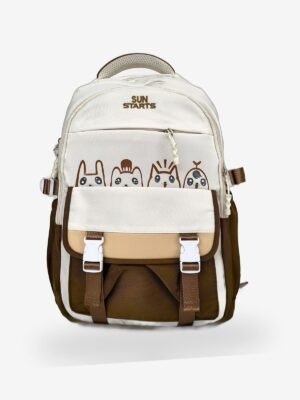 Sun Start 1 Cream and brown cartoon-print backpack front view showing 16 x 12 inch dimensions