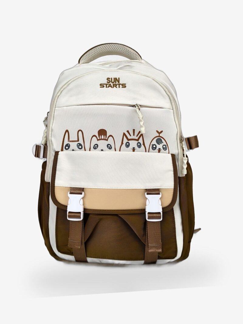 Sun Start 1 Cream and brown cartoon-print backpack front view showing 16 x 12 inch dimensions