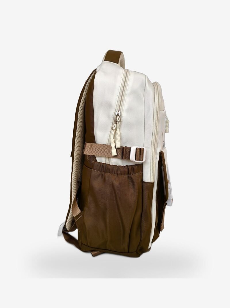 Sun Start 2 Cream and brown cartoon-print backpack front view showing 16 x 12 inch dimensions