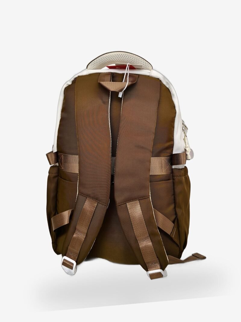 Sun Start 3 Cream and brown cartoon-print backpack front view showing 16 x 12 inch dimensions