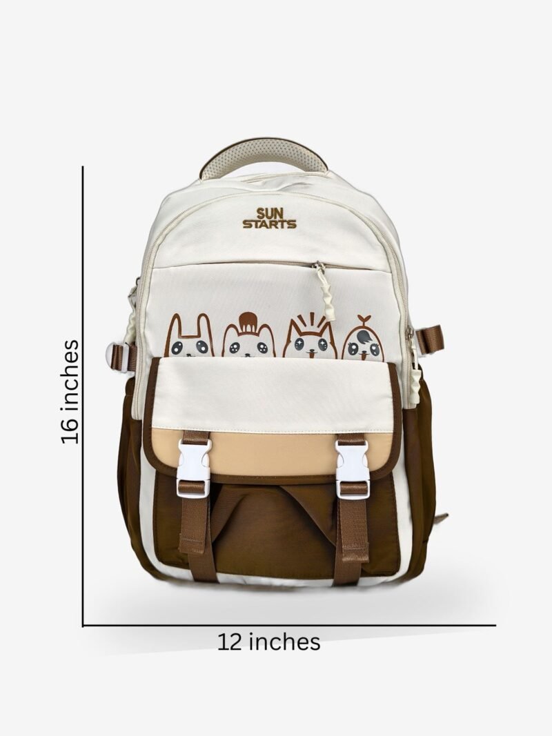 Sun Start Sizes Cream and brown cartoon-print backpack front view showing 16 x 12 inch dimensions