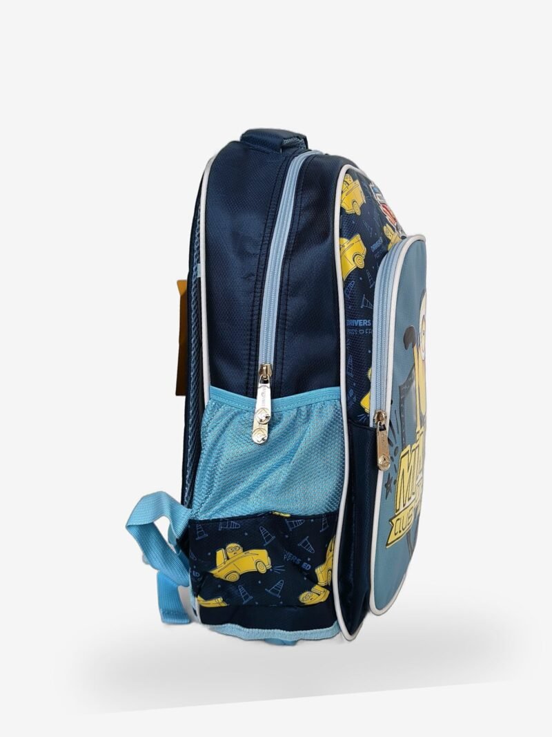minions 1 Blue kids backpack front view showing 15 x 12 inch dimensions with cartoon character print