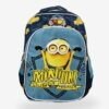 minions Blue kids backpack front view showing 15 x 12 inch dimensions with cartoon character print