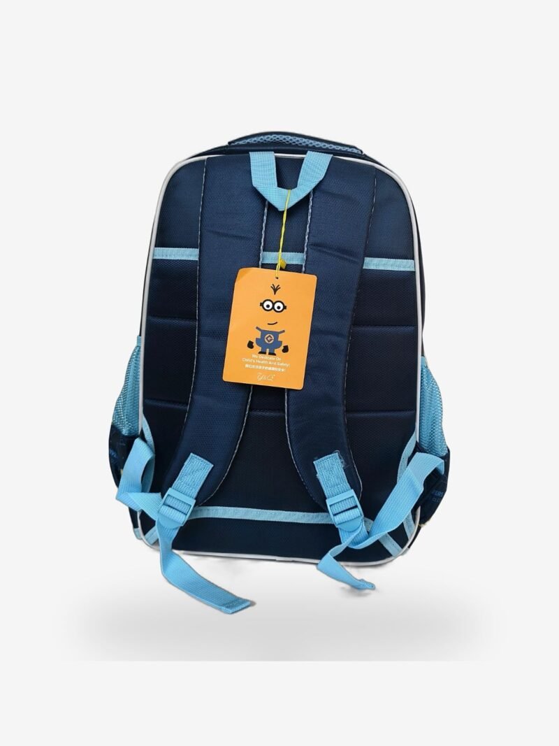 minions 2 Blue kids backpack front view showing 15 x 12 inch dimensions with cartoon character print