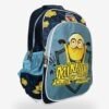 minions 3 Blue kids backpack front view showing 15 x 12 inch dimensions with cartoon character print