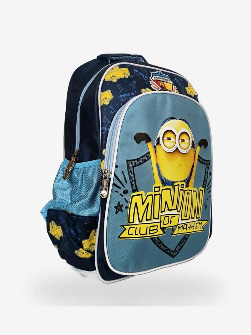 minions 3 Blue kids backpack front view showing 15 x 12 inch dimensions with cartoon character print