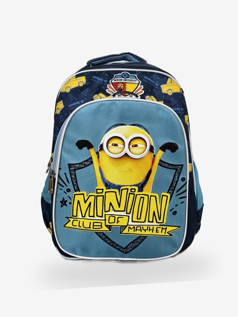 minions Blue kids backpack front view showing 15 x 12 inch dimensions with cartoon character print