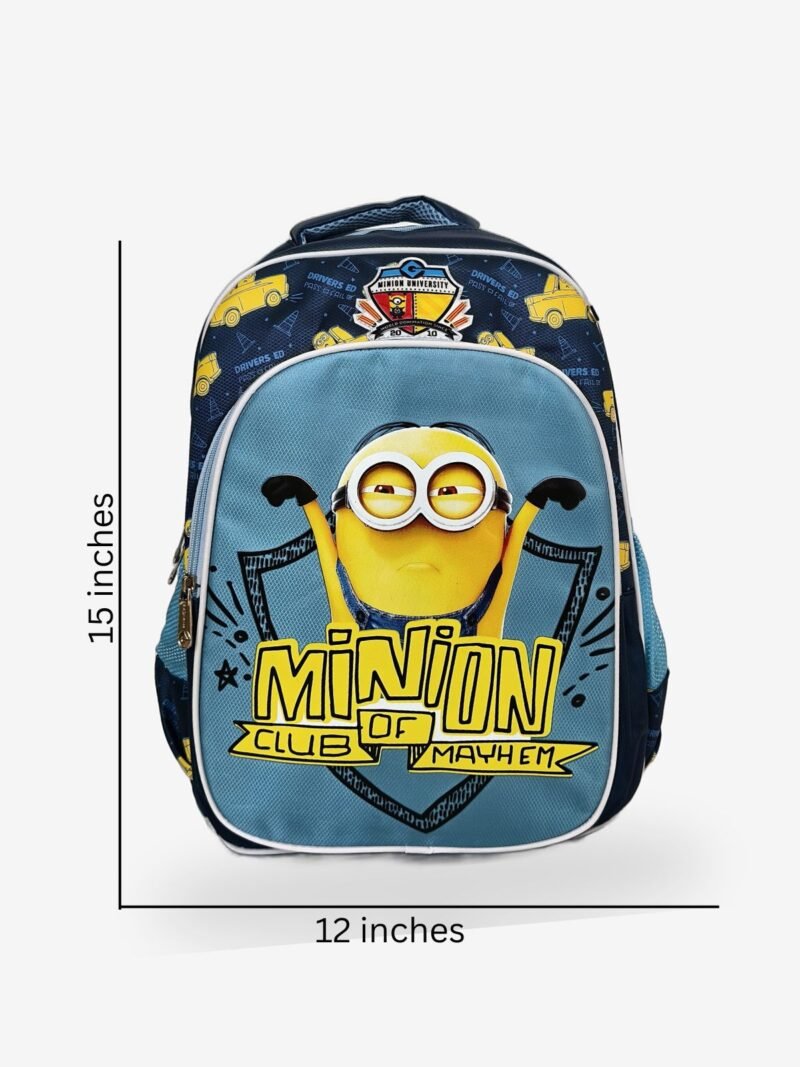 minions sizes Blue kids backpack front view showing 15 x 12 inch dimensions with cartoon character print