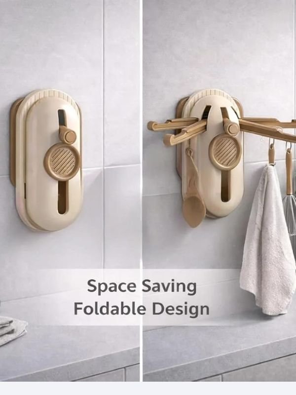 Foldable Wall-Mount Rotating Hook Rack – Space-Saving Kitchen & Bathroom Organizer