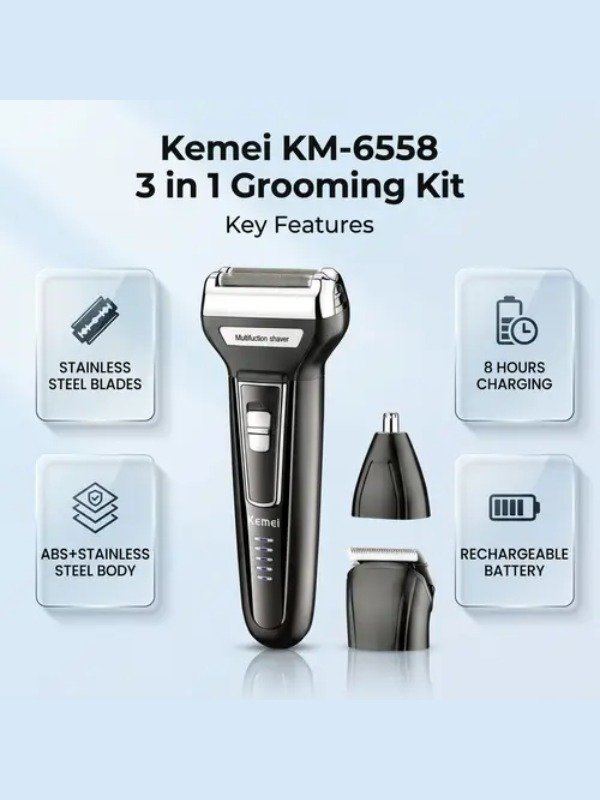Kemei 3-in-1 Grooming Kit KM-6558 – Rechargeable Shaver, Nose Trimmer & Comb Set