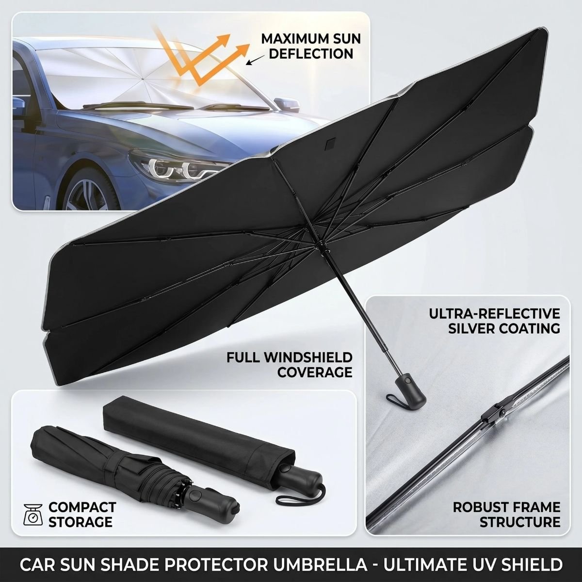 Foldable Umbrella-Style Car Windshield Sun Shade – UV & Heat Protection Cover