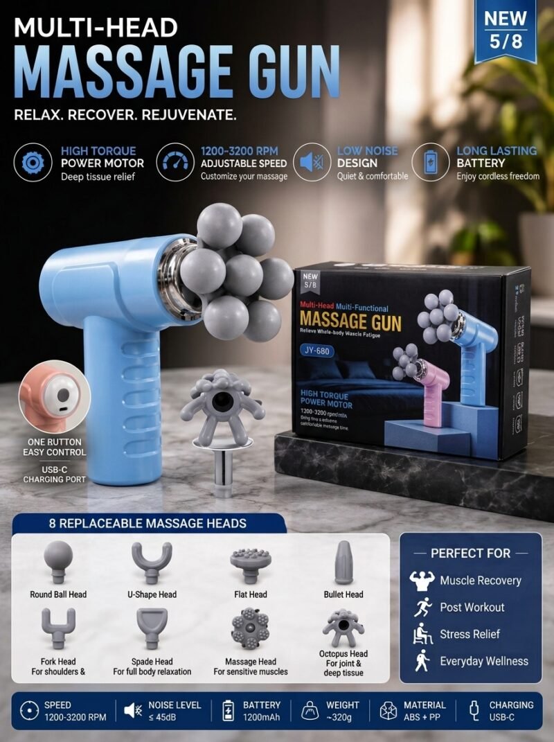 JY-680 Multi-Head Massage Gun – Portable Deep Tissue Muscle Massager