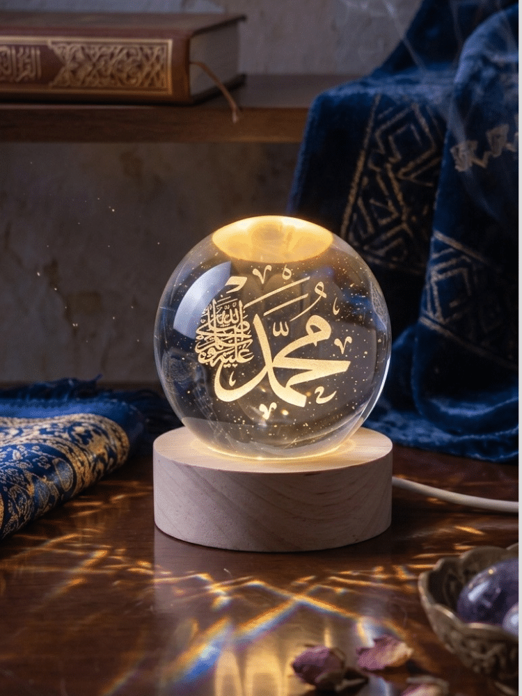 3D Islamic Crystal Ball LED Lamp Set of 3 – Allah & Muhammad (ﷺ) Calligraphy Night Light on Wooden Stand, Ramadan & Eid Gift