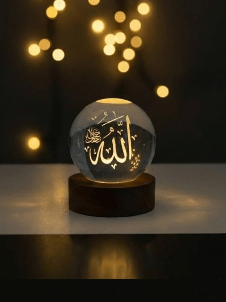 3D Islamic Crystal Ball LED Lamp – Allah Calligraphy Night Light on Wooden Stand, Ramadan & Eid Gift Décor