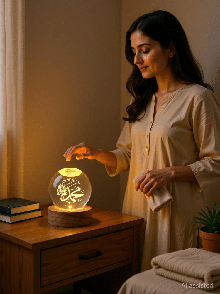 3D Islamic Crystal Ball LED Lamp Set of 3 – Allah & Muhammad (ﷺ) Calligraphy Night Light on Wooden Stand, Ramadan & Eid Gift