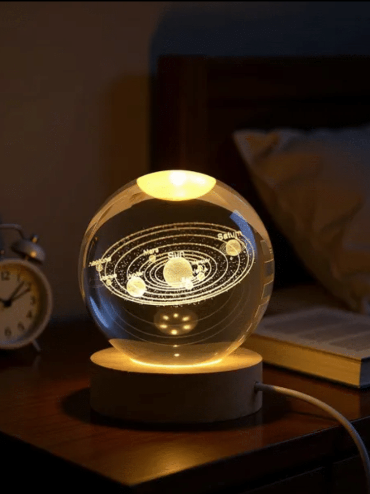 3D Galaxy Crystal Ball Night Light with Wooden Base – Large Laser-Engraved Crystal Lamp, USB Powered
