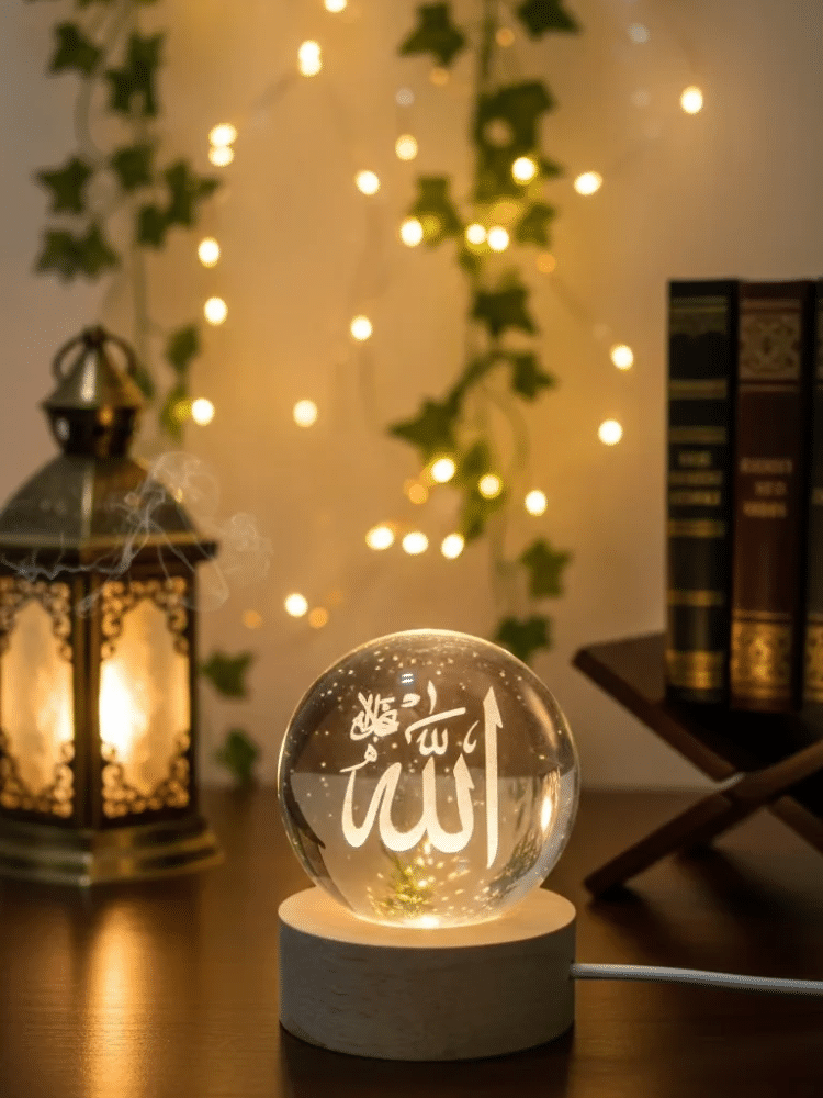 3D Islamic Crystal Ball LED Lamp – Allah Calligraphy Night Light on Wooden Stand, Ramadan & Eid Gift Décor