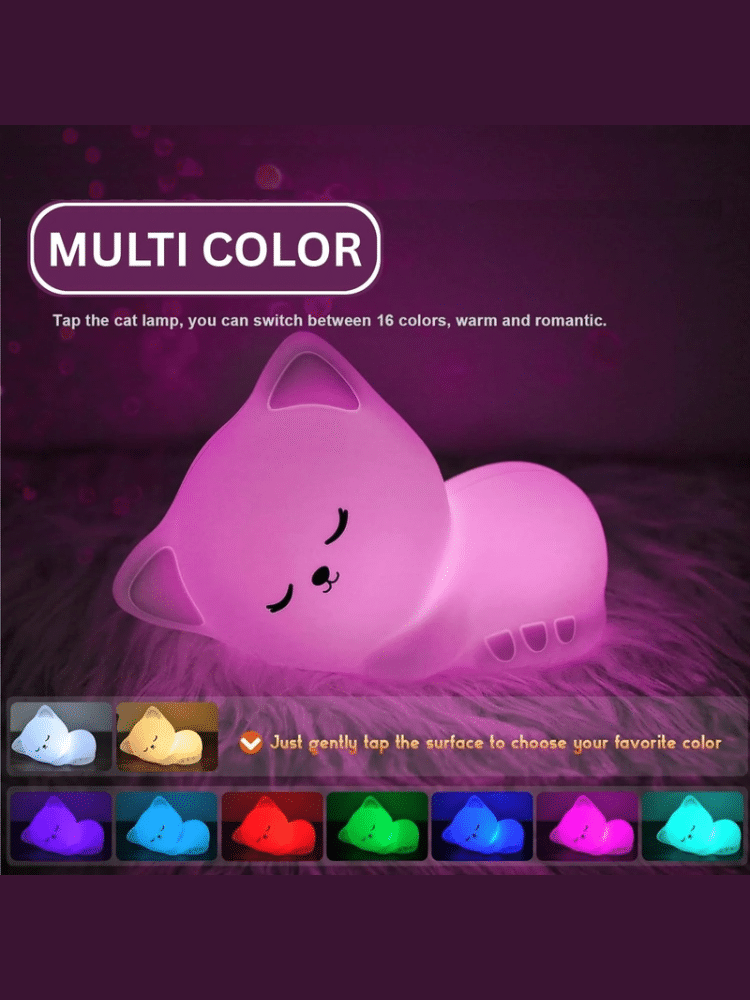 Mubarek Sleepy Cat Silicone Night Light – 16 Colors, Remote Control, Rechargeable