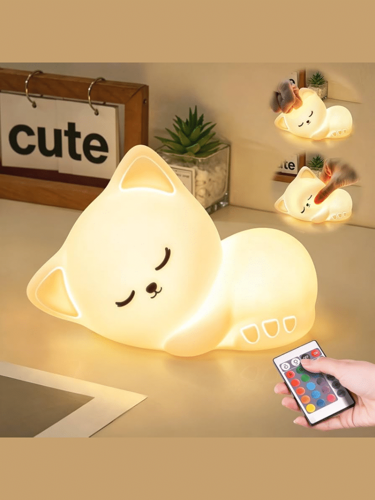 Mubarek Sleepy Cat Silicone Night Light – 16 Colors, Remote Control, Rechargeable